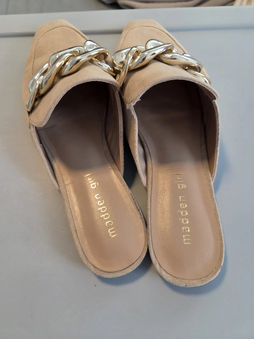 Madden Girl Beige Suede Chain-Accent Women's Mules - Picture 2 of 3